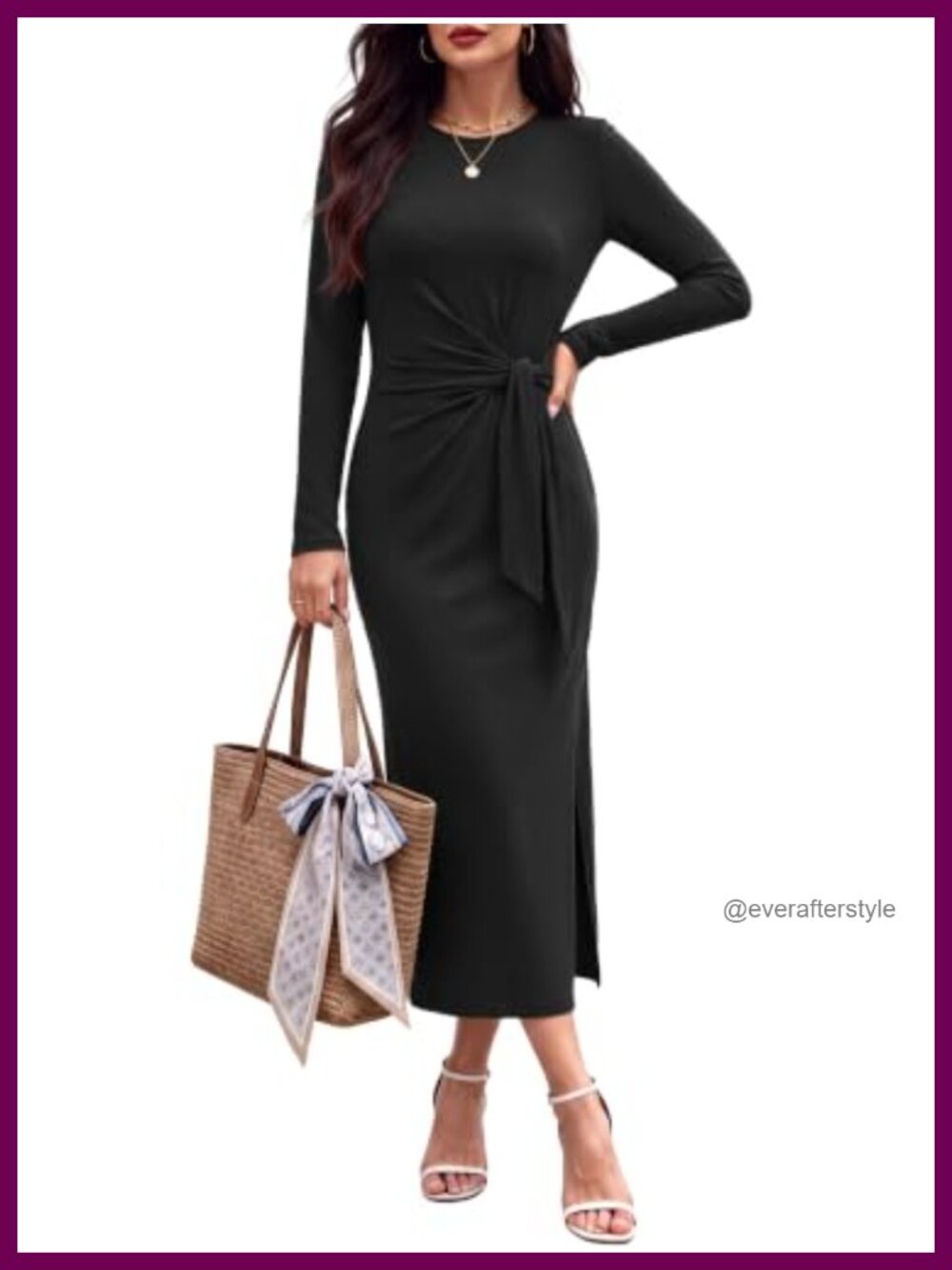 Women's Long Sleeve Slim Fit Maxi Dress Tie Waist Side Slit Crew Neck